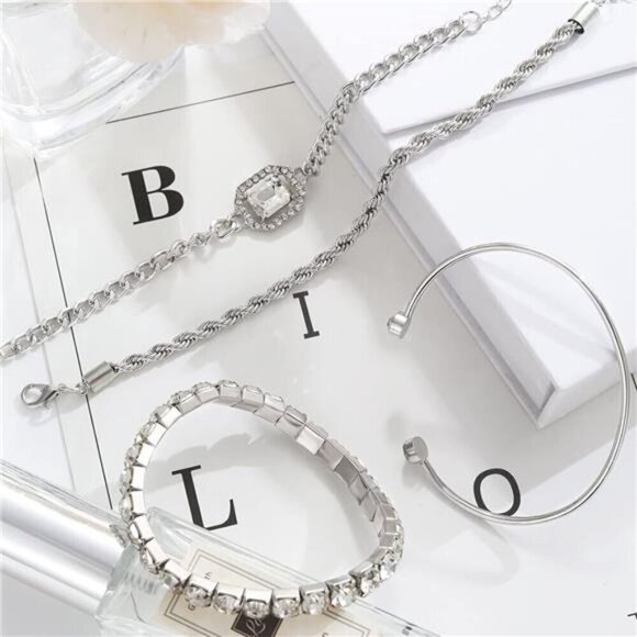 4 Piece Silver Bracelets Set Dainty for Women 14K Plated Link Cubic Zirconia - Picture 6 of 7